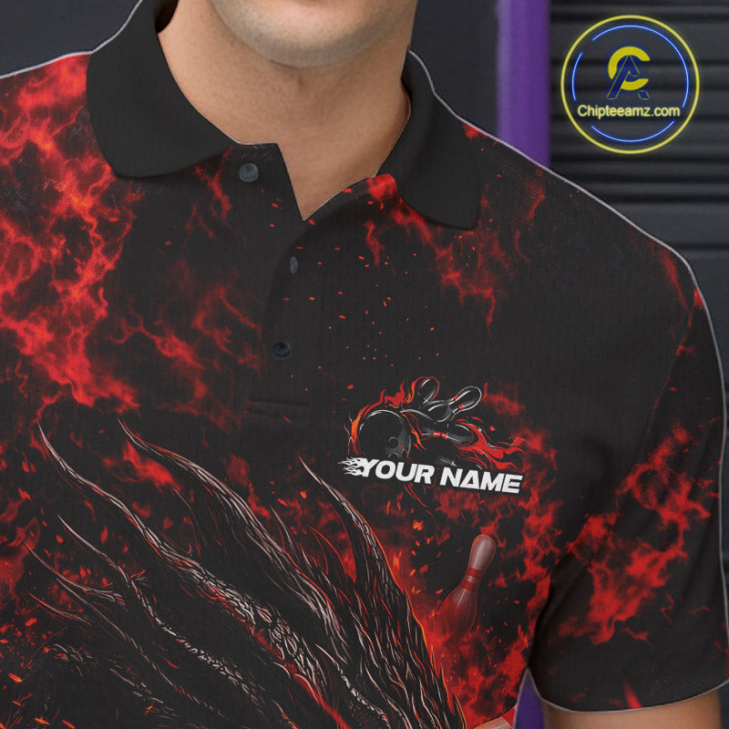 Custom Black And Red Flame Dragon Bowling Men Polo Shirt, Dragon Bowling League Shirt IPHW10277