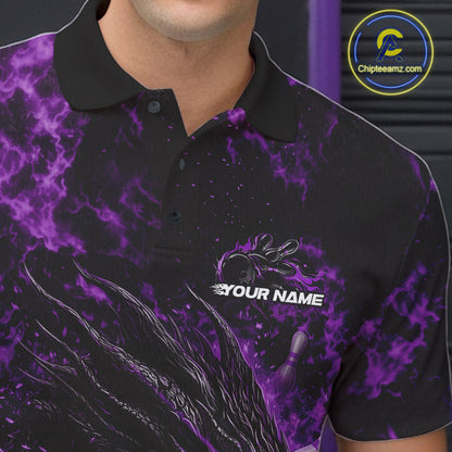 Custom Black And Purple Flame Dragon Bowling Men Polo Shirt, Dragon Bowling League Shirt IPHW10278