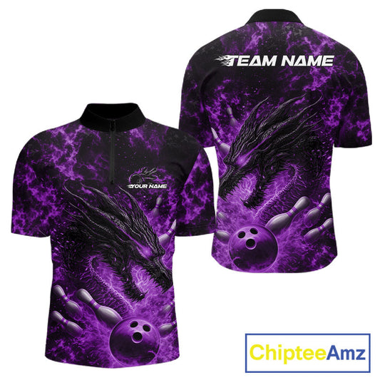 Custom Black And Purple Flame Dragon Bowling Men Quarter-Zip Shirt, Dragon Bowling League Shirt IPHW10278