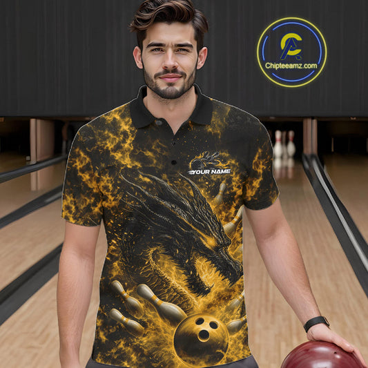 Custom Black And Yellow Flame Dragon Bowling Men Polo Shirt, Dragon Bowling League Shirt IPHW10279