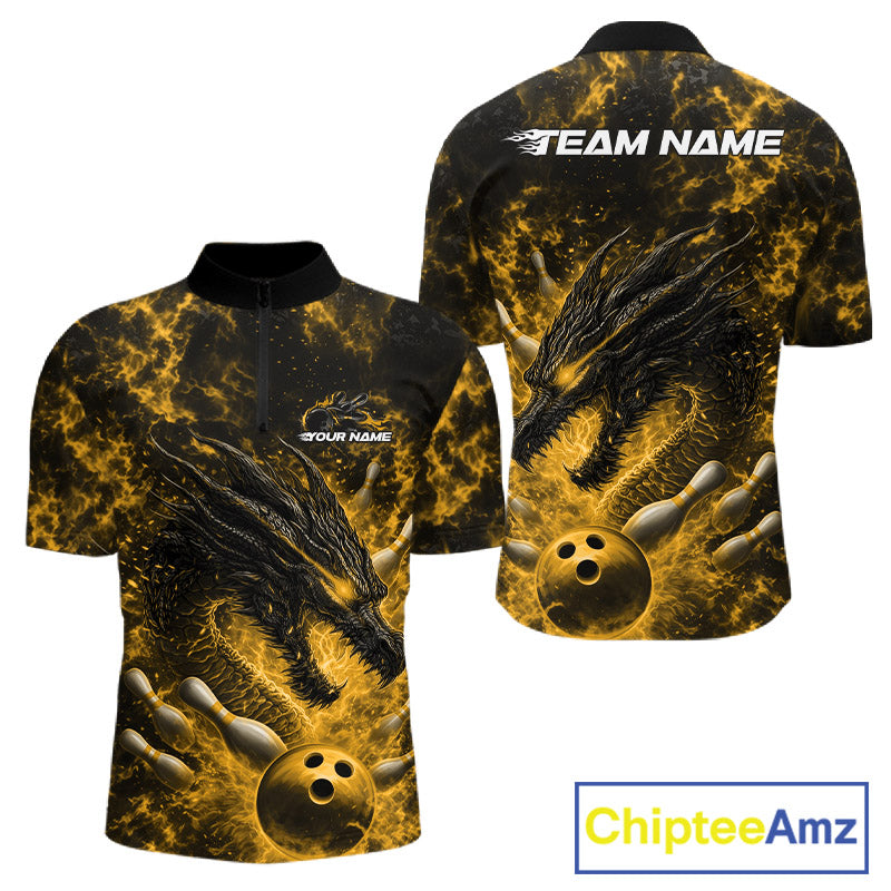 Custom Black And Yellow Flame Dragon Bowling Men Quarter-Zip Shirt, Dragon Bowling League Shirt IPHW10279