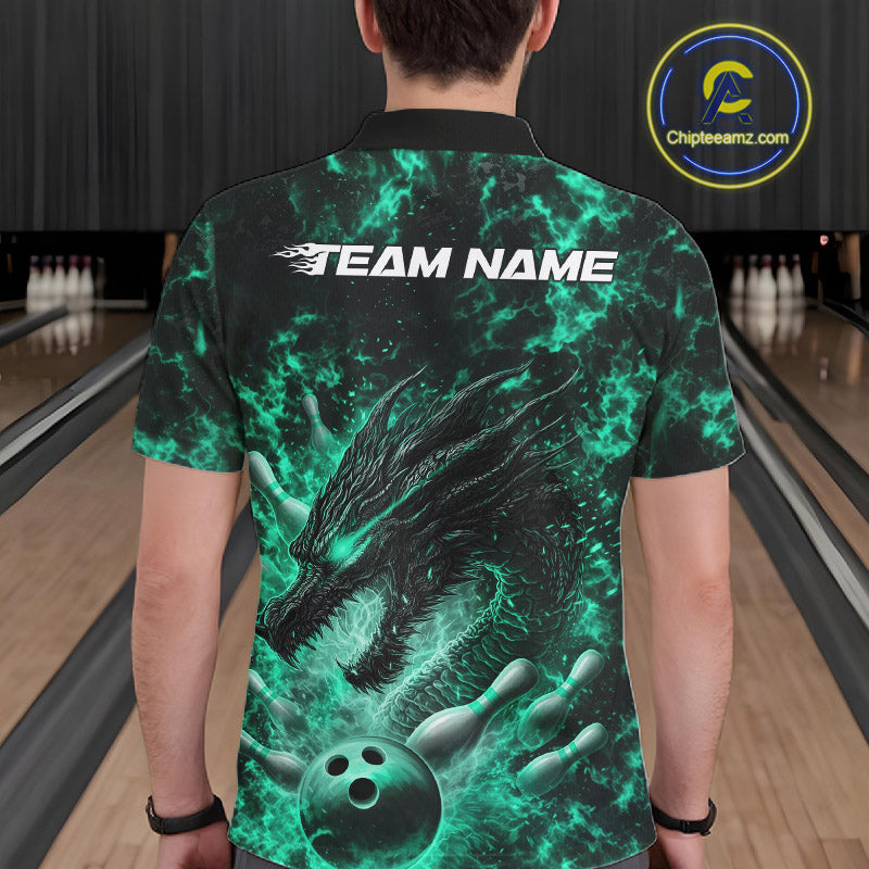 Custom Black And Green Flame Dragon Bowling Men Polo Shirt, Dragon Bowling League Shirt IPHW10280