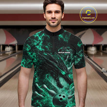 Load image into Gallery viewer, Custom Black And Green Flame Dragon Bowling Men Quarter-Zip Shirt, Dragon Bowling League Shirt IPHW10280