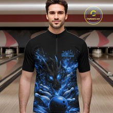 Load image into Gallery viewer, Custom Blue Fire Flame Dragon Bowling Jerseys. Dragon Bowling Men Quarter-Zip Shirt IPHW10282