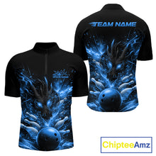 Load image into Gallery viewer, Custom Blue Fire Flame Dragon Bowling Jerseys. Dragon Bowling Men Quarter-Zip Shirt IPHW10282