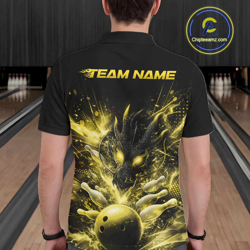Custom Yellow Fire Flame Dragon Bowling Jerseys. Dragon Bowling Men Polo Shirt IPHW10283