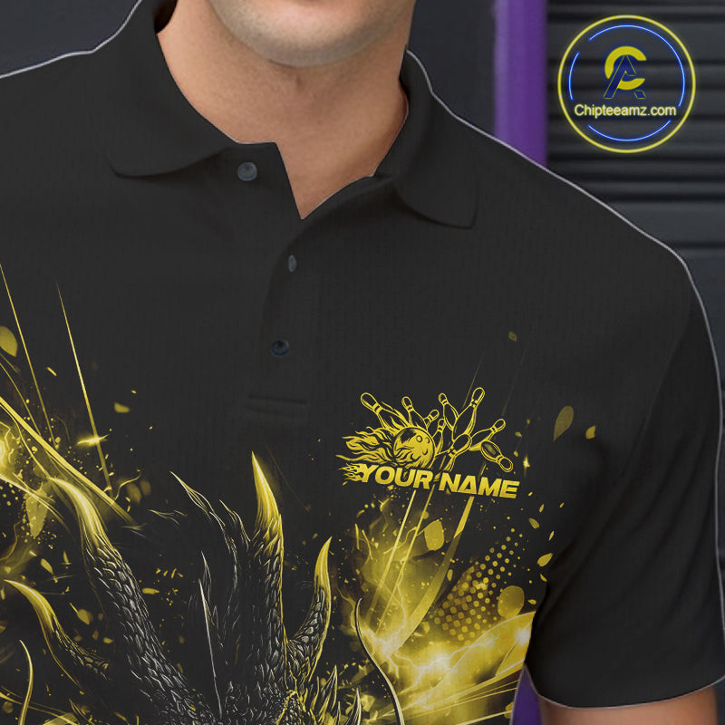 Custom Yellow Fire Flame Dragon Bowling Jerseys. Dragon Bowling Men Polo Shirt IPHW10283