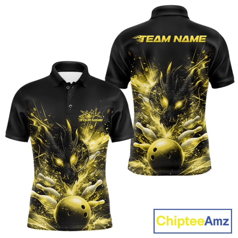 Custom Yellow Fire Flame Dragon Bowling Jerseys. Dragon Bowling Men Polo Shirt IPHW10283