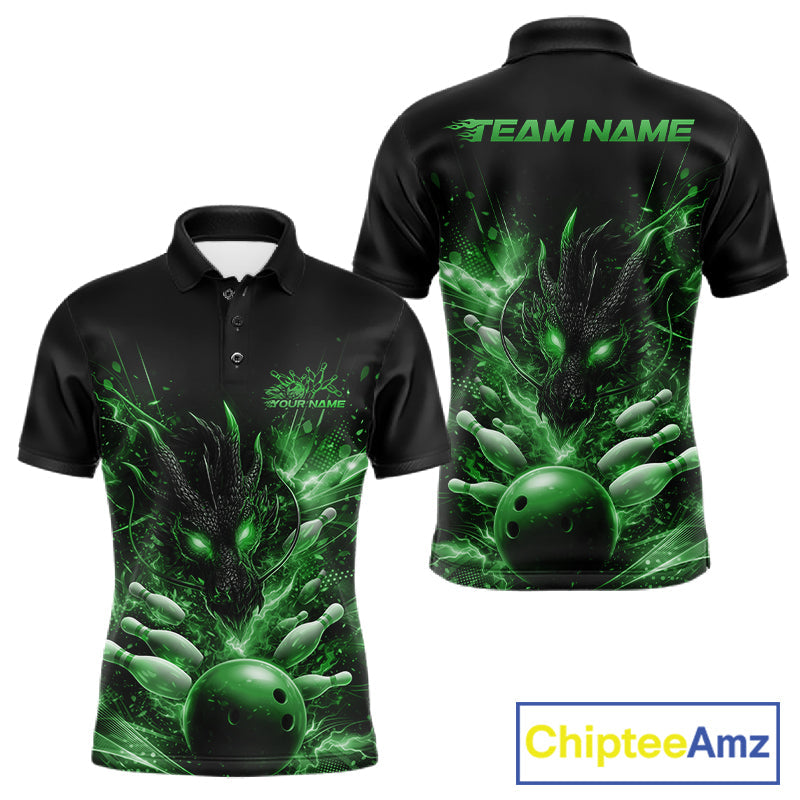 Custom Green Fire Flame Dragon Bowling Jerseys. Dragon Bowling Men Polo Shirt IPHW10284