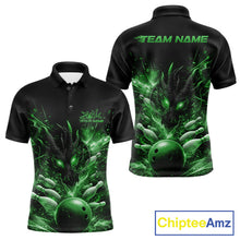 Load image into Gallery viewer, Custom Green Fire Flame Dragon Bowling Jerseys. Dragon Bowling Men Polo Shirt IPHW10284