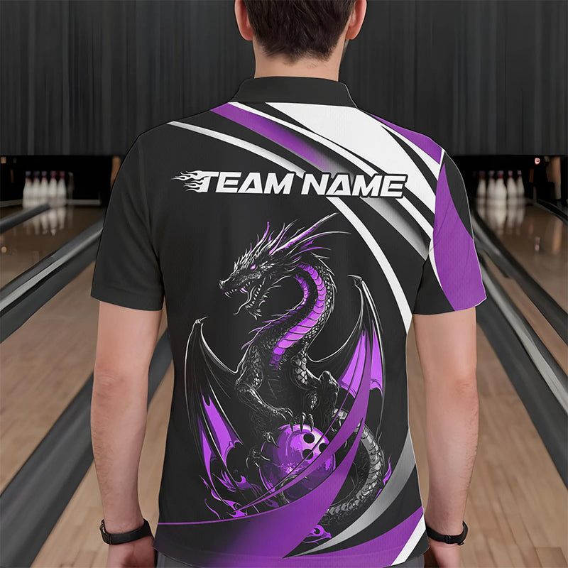 Custom Black And Purple Dragon Bowling Jerseys, Dragon Bowling Team Polo Shirts For Men IPHW8650