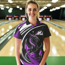 Load image into Gallery viewer, Custom Black And Purple Dragon Bowling Jerseys, Dragon Bowling Team Polo Shirts For Women IPHW8650