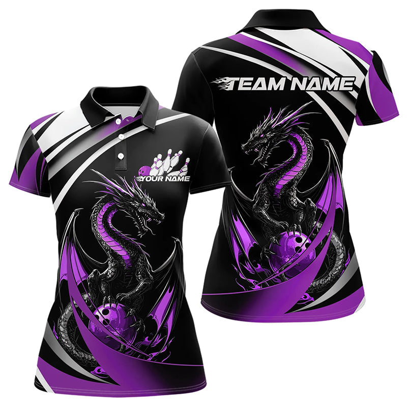 Custom Black And Purple Dragon Bowling Jerseys, Dragon Bowling Team Polo Shirts For Women IPHW8650