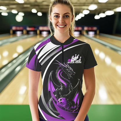 Custom Black And Purple Dragon Bowling Jerseys, Dragon Bowling Team Womens Quarter-Zip Shirts IPHW8650