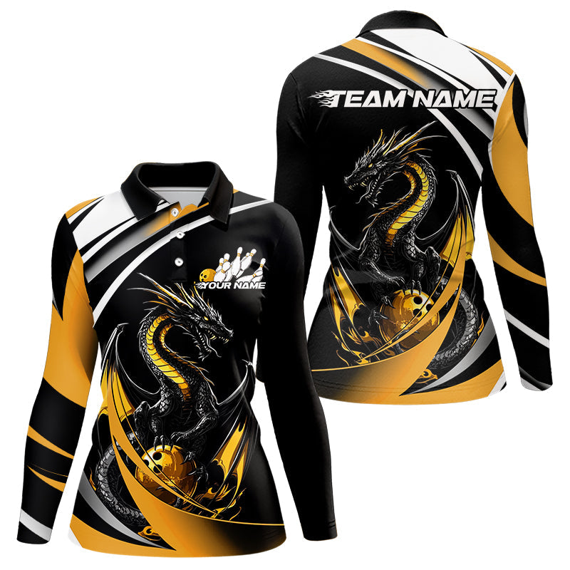 Custom Black And Gold Dragon Bowling Jerseys, Bowling Team Long Sleeve Polo Shirt For Women IPHW8651