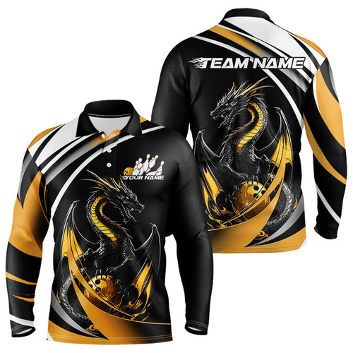 Custom Black And Gold Dragon Bowling Jerseys, Dragon Bowling Team Long Sleeve Polo Shirts For Men IPHW8651