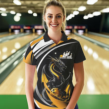 Load image into Gallery viewer, Custom Black And Gold Dragon Bowling Jerseys, Dragon Bowling Team Polo Shirts For Women IPHW8651
