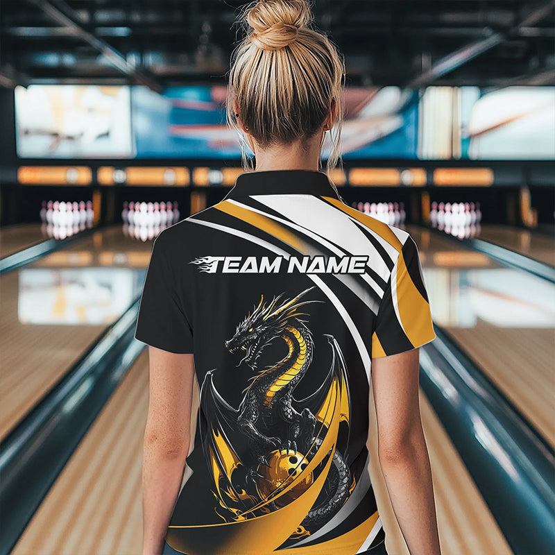 Custom Black And Gold Dragon Bowling Jerseys, Dragon Bowling Team Polo Shirts For Women IPHW8651