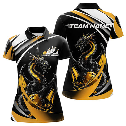 Custom Black And Gold Dragon Bowling Jerseys, Dragon Bowling Team Polo Shirts For Women IPHW8651