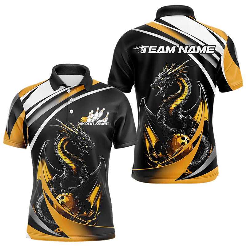 Custom Black And Gold Dragon Bowling Jerseys, Dragon Bowling Team Polo Shirts For Men IPHW8651