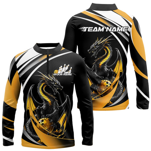 Custom Black And Gold Dragon Bowling Jerseys, Bowling Long Sleeve Quarter-Zip Shirts For Men IPHW8651