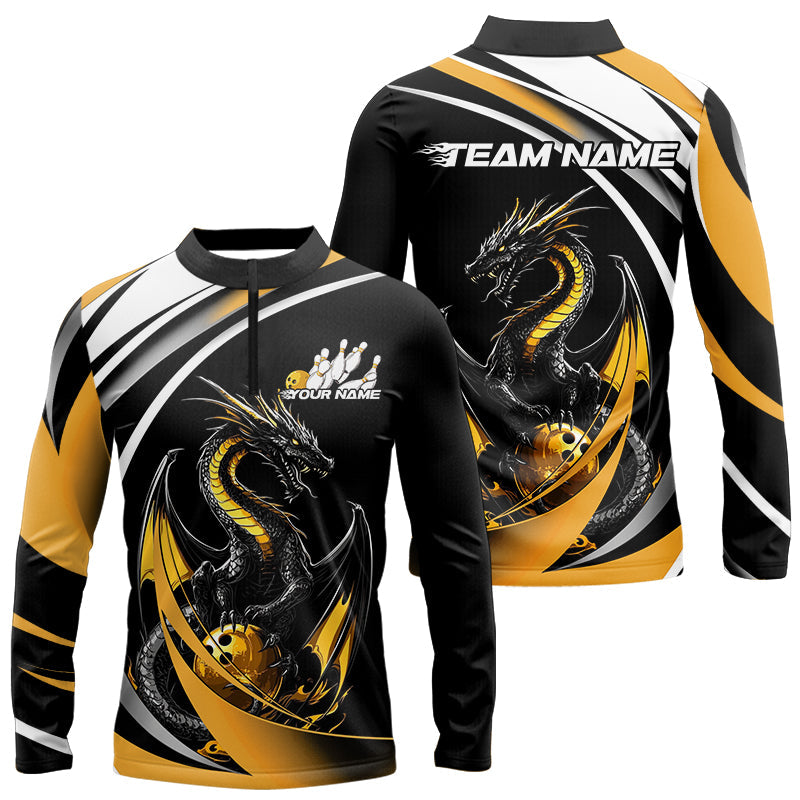 Custom Black And Gold Dragon Bowling Jerseys, Bowling Long Sleeve Quarter-Zip Shirts For Men IPHW8651