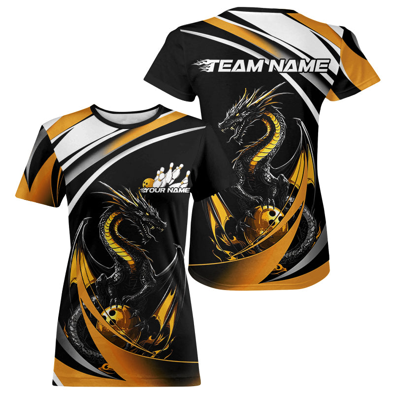 Custom Black And Gold Dragon Bowling Jerseys, Dragon Bowling Team T-Shirts For Women IPHW8651