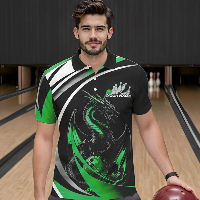 Custom Black And Green Dragon Bowling Jerseys, Dragon Bowling Team Polo Shirts For Men IPHW8652