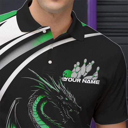 Custom Black And Green Dragon Bowling Jerseys, Dragon Bowling Team Polo Shirts For Men IPHW8652