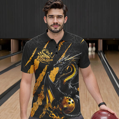Custom Black And Gold Dragon Bowling Team Polo Shirts For Men, Dragon Bowling Jerseys IPHW8923
