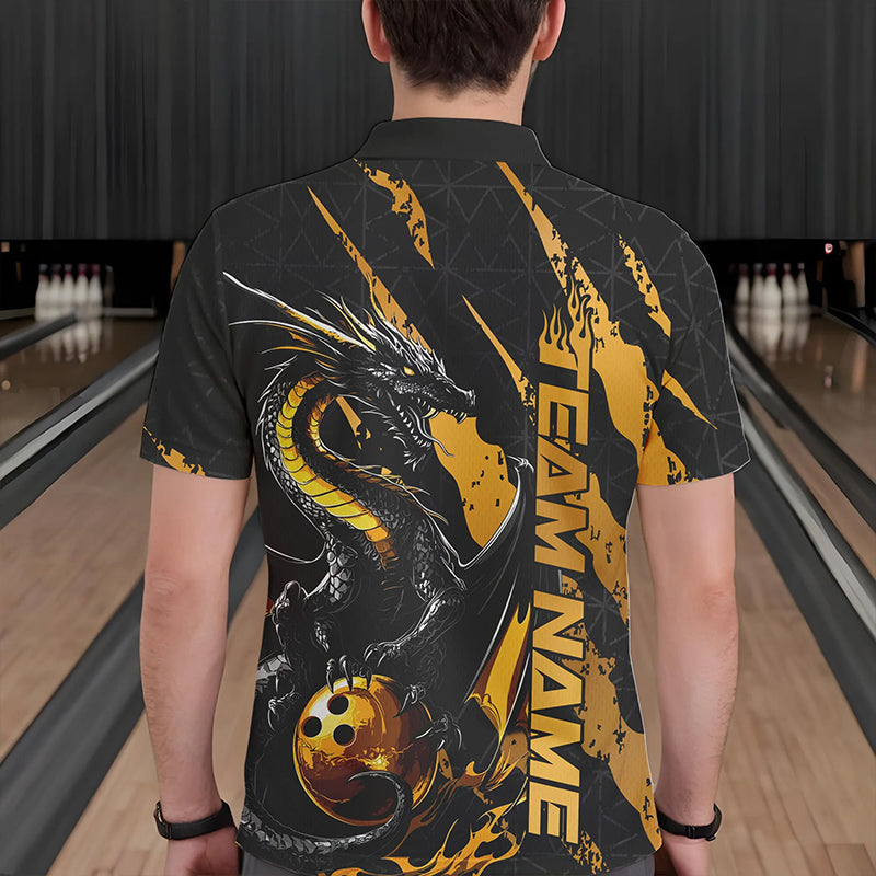 Custom Black And Gold Dragon Bowling Team Polo Shirts For Men, Dragon Bowling Jerseys IPHW8923