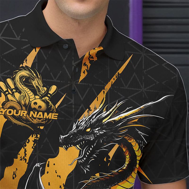 Custom Black And Gold Dragon Bowling Team Polo Shirts For Men, Dragon Bowling Jerseys IPHW8923