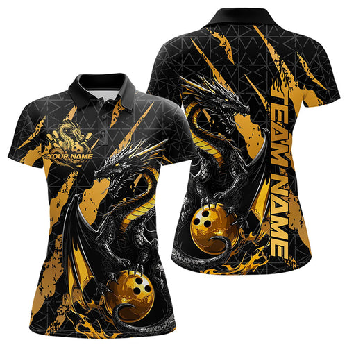 Custom Black And Gold Dragon Bowling Team Polo Shirts For Women, Dragon Bowling Jerseys IPHW8923
