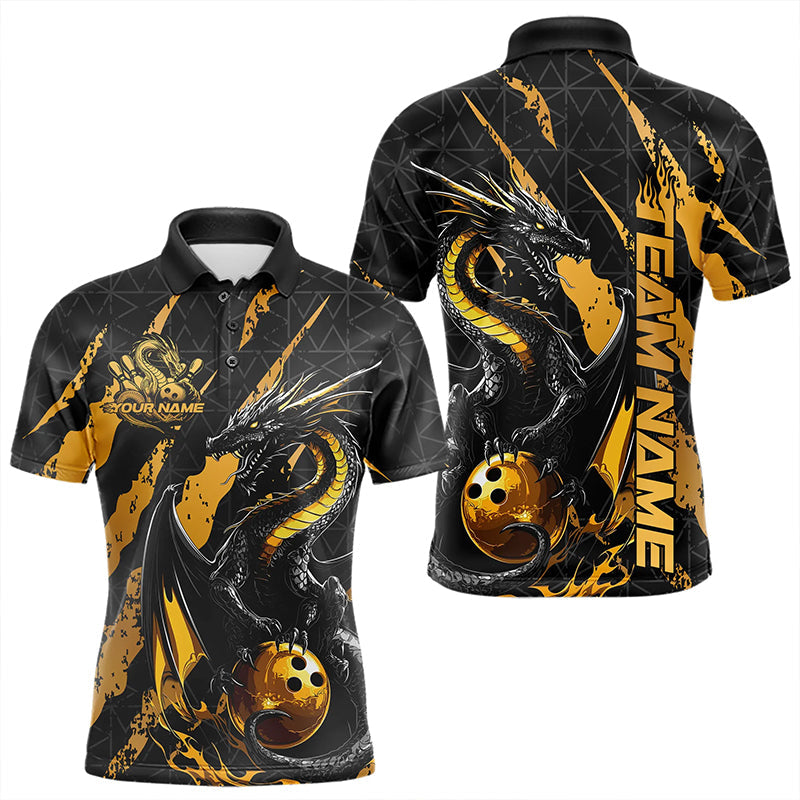 Custom Black And Gold Dragon Bowling Team Polo Shirts For Men, Dragon Bowling Jerseys IPHW8923