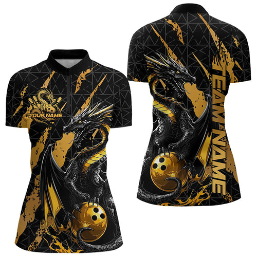 Custom Black And Gold Dragon Bowling Team Womens Quarter-Zip Shirts, Dragon Bowling Jerseys IPHW8923