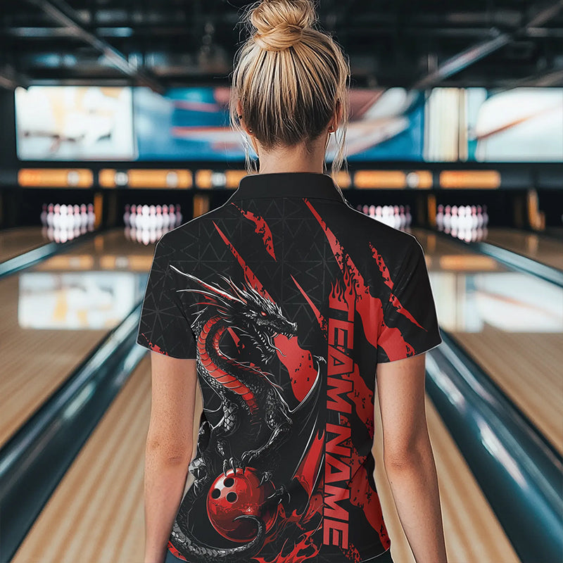 Custom Black And Red Dragon Bowling Team Womens Quarter-Zip Shirts, Dragon Bowling Jerseys IPHW8924