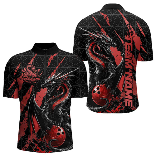 Custom Black And Red Dragon Bowling Team Quarter-Zip Shirts For Men, Dragon Bowling Jerseys IPHW8924