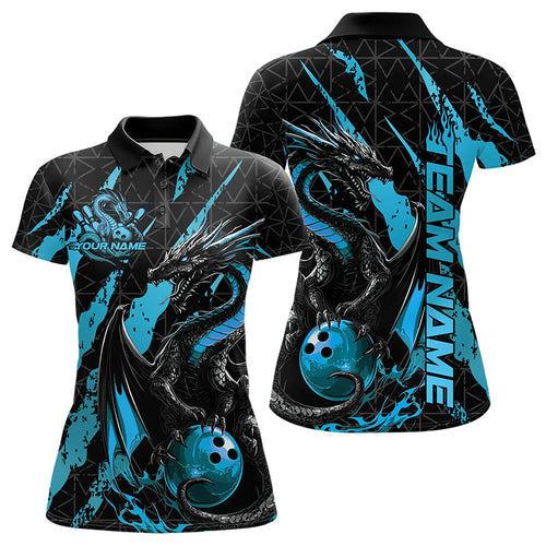 Custom Black And Blue Dragon Bowling Team Polo Shirts For Women, Dragon Bowling Jerseys IPHW8925