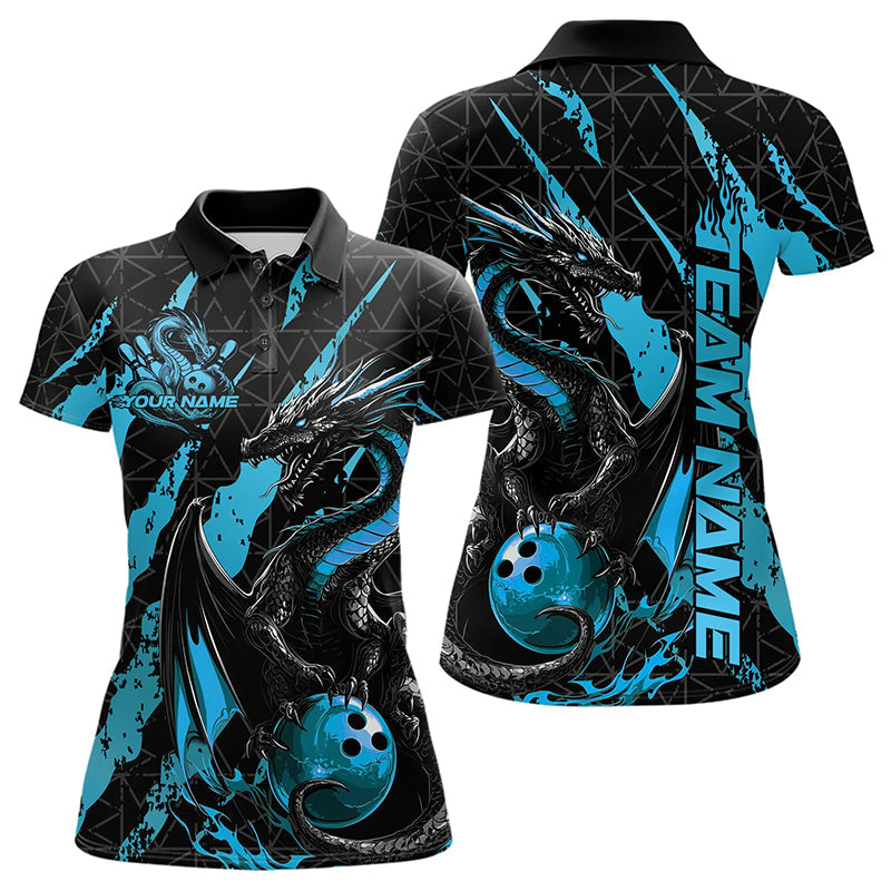 Custom Black And Blue Dragon Bowling Team Polo Shirts For Women, Dragon Bowling Jerseys IPHW8925