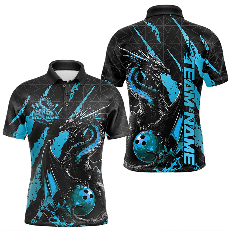 Custom Black And Blue Dragon Bowling Team Polo Shirts For Men, Dragon Bowling Jerseys IPHW8925
