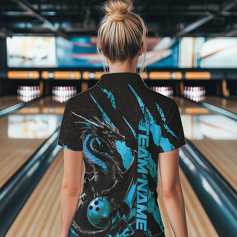 Custom Black And Blue Dragon Bowling Team Womens Quarter-Zip Shirts, Dragon Bowling Jerseys IPHW8925