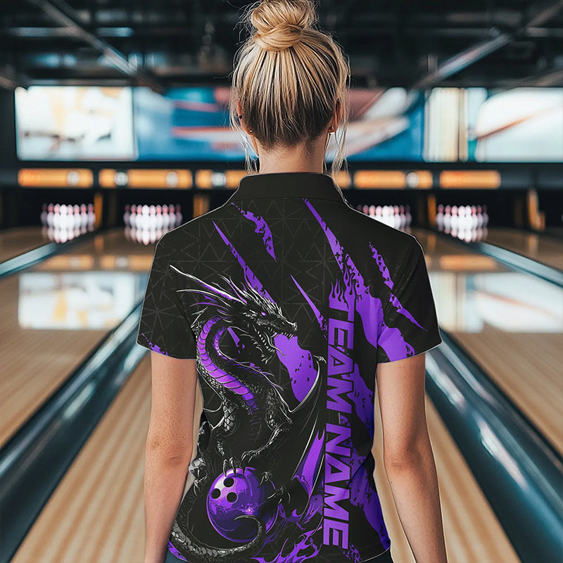 Custom Black And Purple Dragon Bowling Team Polo Shirts For Women, Dragon Bowling Jerseys IPHW8926