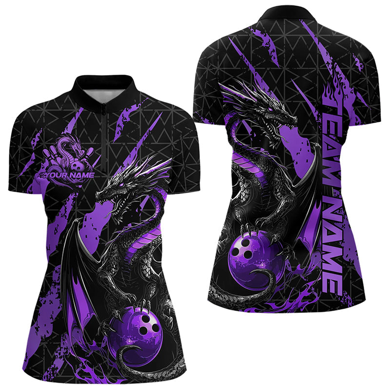 Custom Black And Purple Dragon Bowling Team Womens Quarter-Zip Shirt, Dragon Bowling Jersey IPHW8926