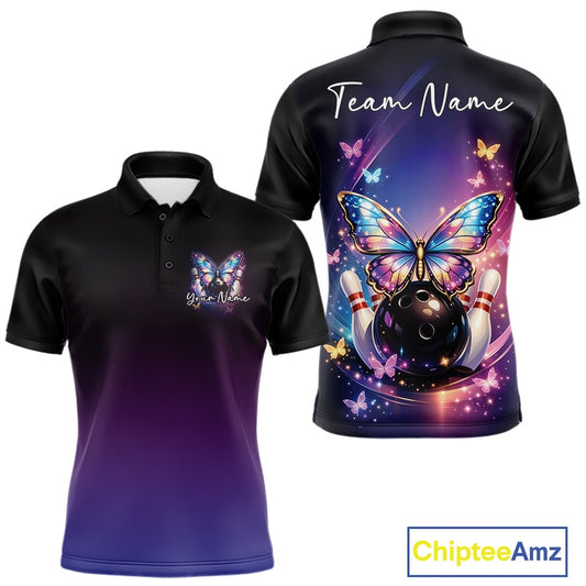 Front and back views of a colorful mens bowling polo shirt displaying glowing butterflies, a bowling ball, fallen pins, and vibrant cosmic graphics.