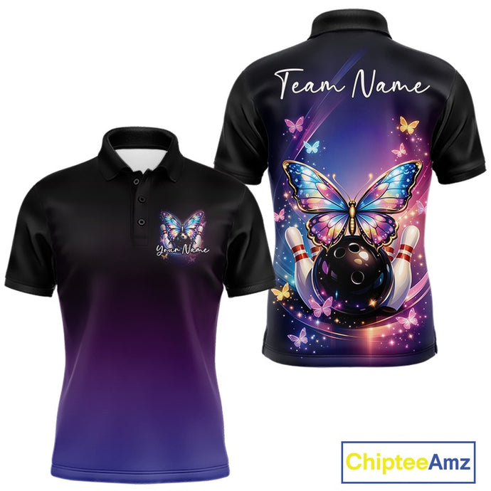 Front and back views of a colorful mens bowling polo shirt displaying glowing butterflies, a bowling ball, fallen pins, and vibrant cosmic graphics.