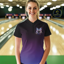 Load image into Gallery viewer, Female model wearing a colorful bowling quarter-zip shirt at a bowling lane with luminous butterflies, a bowling ball, and cosmic-themed artwork.