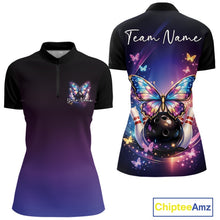 Load image into Gallery viewer, Front and back view of a colorful women’s bowling quarter-zip shirt featuring glowing butterflies on a bowling ball with fallen pins and cosmic graphics.