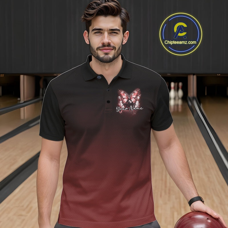 Male model wearing a red bowling polo shirt at the bowling lane with glowing butterfly graphics, a bowling ball, fallen pins, and cosmic accents.