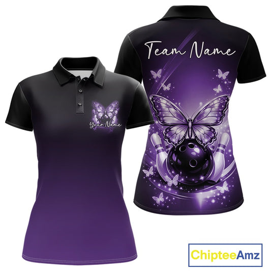 Front and back mockup of a purple women’s bowling polo shirt featuring glowing butterflies on a bowling ball with fallen bowling pins.