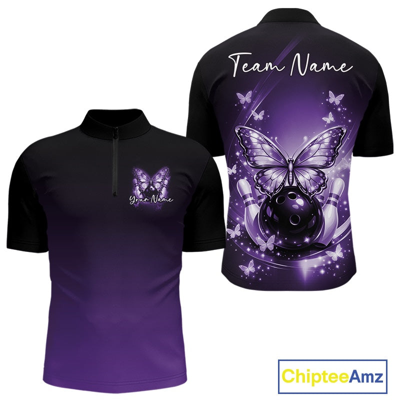 Front and back view of a purple men’s bowling quarter-zip shirt showcasing glowing butterflies on a bowling ball with fallen bowling pins.